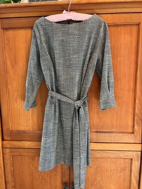 H&M Grey Textured Belted Knee-Length Dress